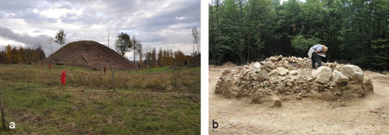 Figure 3. Burial mounds in the region are often of considerable size and would have contained numerous burials. The examples shown are at: a) Kravljak; and b) (under excavation) at Kaptol, Croatia (photographs: H. Potrebica).